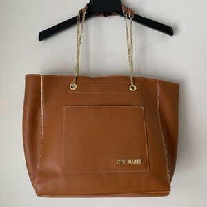 STEVE Madden Cognac BTINAA Series Extra Large Tote Purse Gold Chain Straps